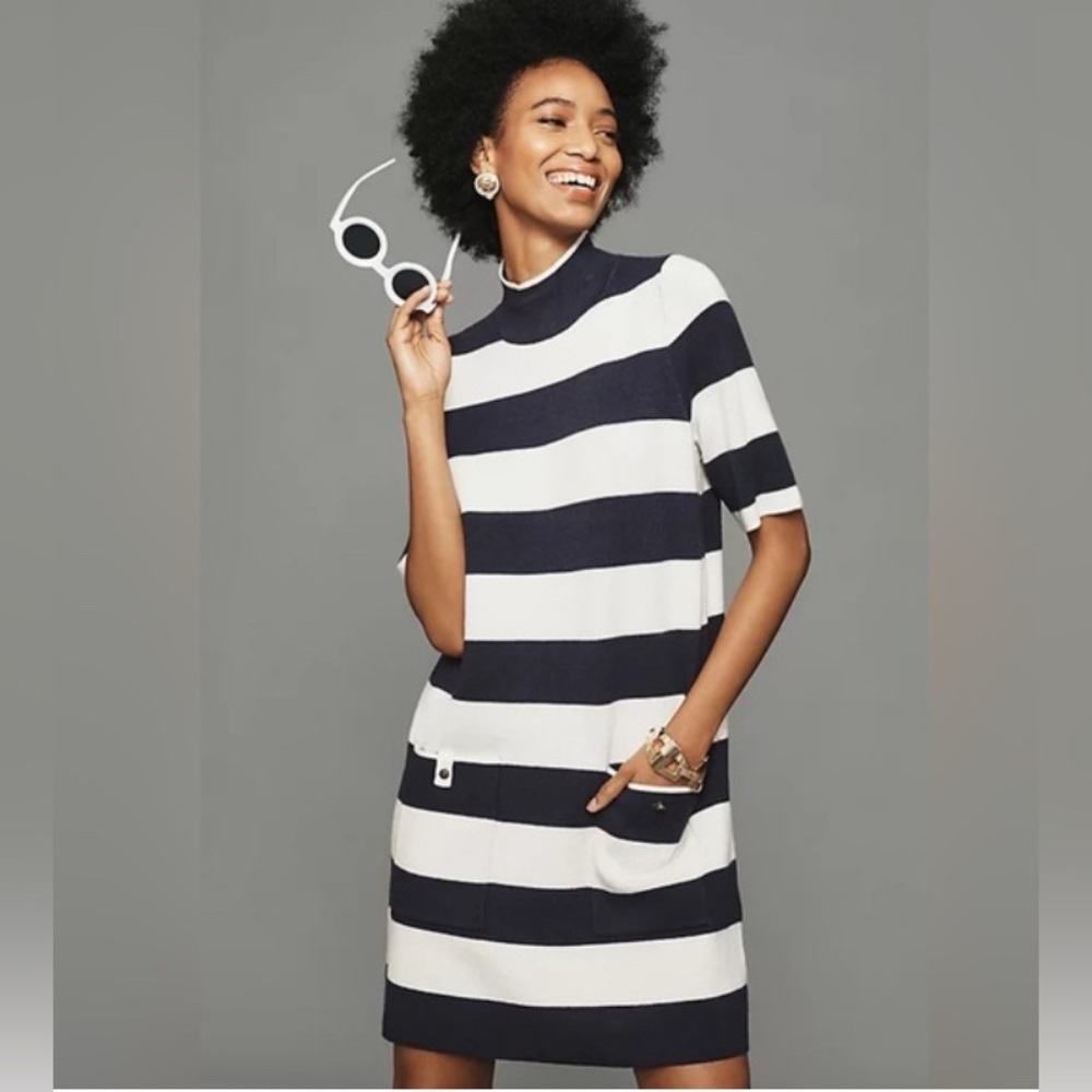 Maeve Anthropologie Striped Navy and White Dress sweater size xs nautical summer